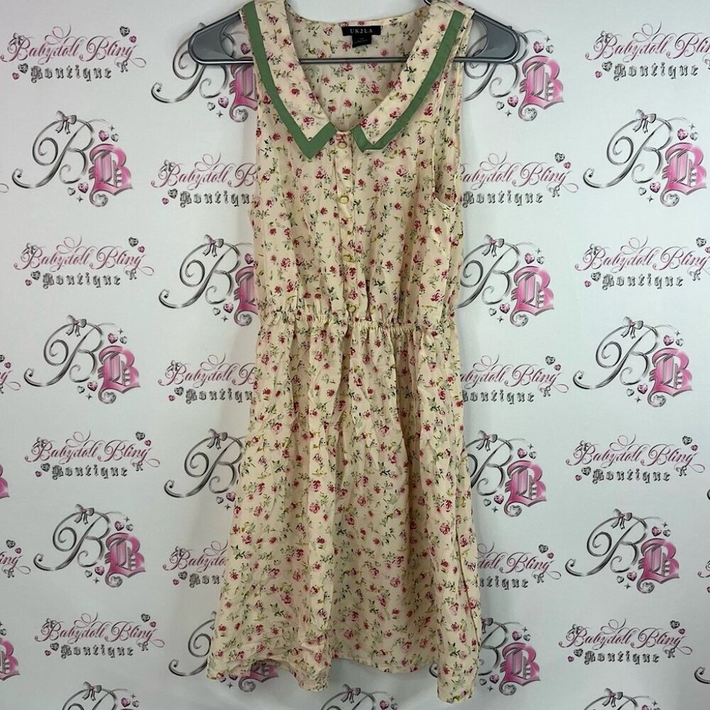UK2LA dress collar flowers buttons Floral Dress with Pink and Green Accents